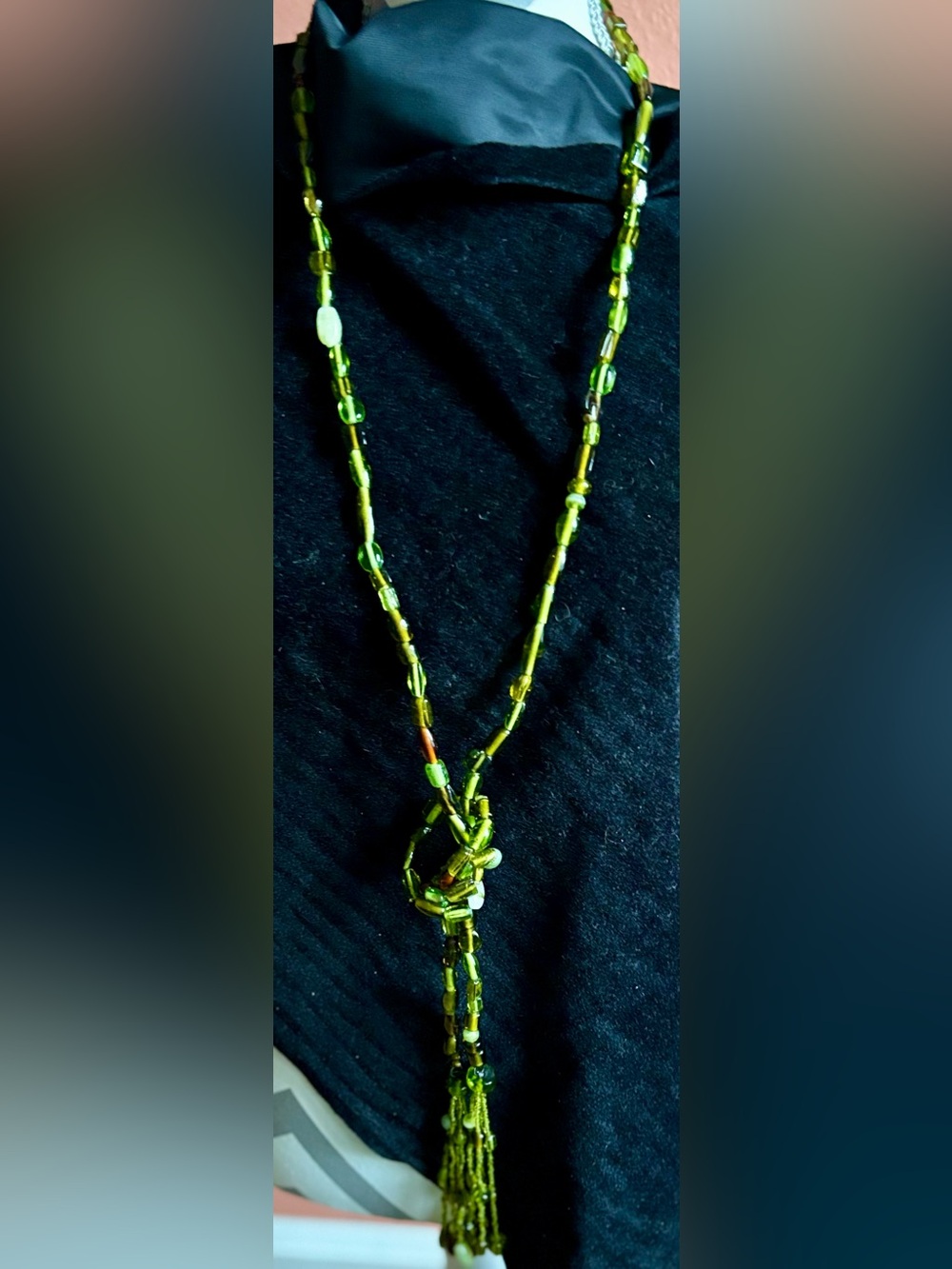 Vintage Czech Bohemian Glass 65” Sautoir Lariat Necklace Green Double Tassel